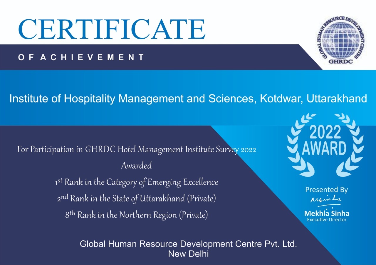 1st Rank All over India for Emerging Excellence Hotel Management Institute, 2nd Rank in Uttarakhand State for Best Hotel Management Institution