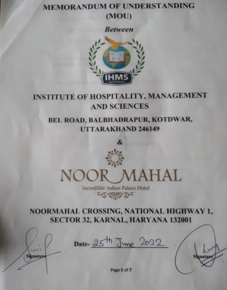 Memorandum of Understanding with Hotel Noor Mahal, Karnal